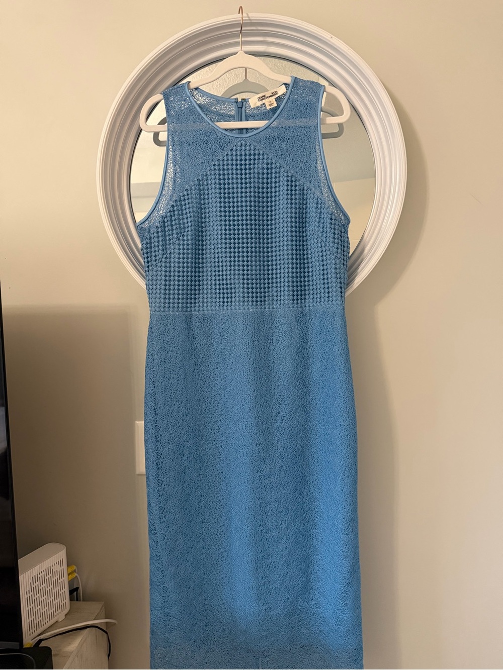 DVF Diane von Furstenberg True Blue Mixed Lace Sheath Midi Dress
